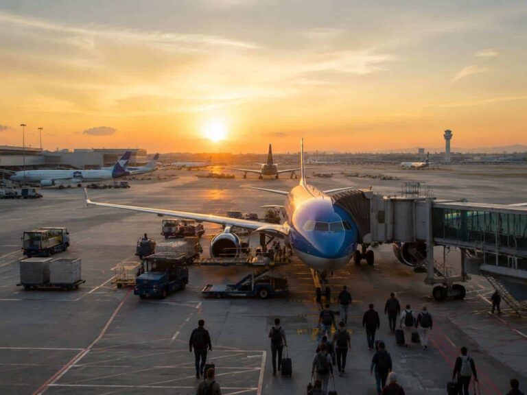 Airplane at gate during sunset with passengers walking toward the jet on the tarmac.