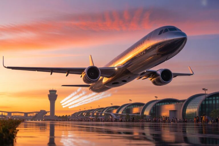 Airliner taking off from a wet runway at sunset, with a modern airport terminal and control tower in the background on the horizon.