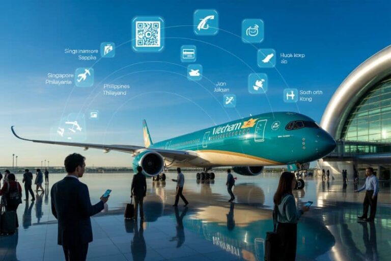 Vietnam Airlines jet on the tarmac at a modern airport, with translucent icons representing digital connectivity above the plane and terminal.