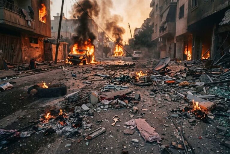 Destruction in a street with burning cars, smoke, and scattered rubble after an explosion or attack.