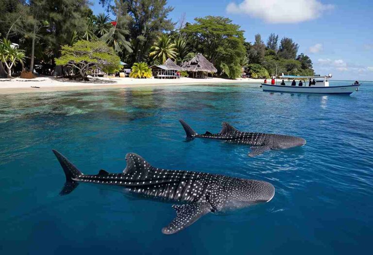 Two whale sharks swim near a tropical beach with palm trees, thatched huts, and a small tour boat in the calm blue water.