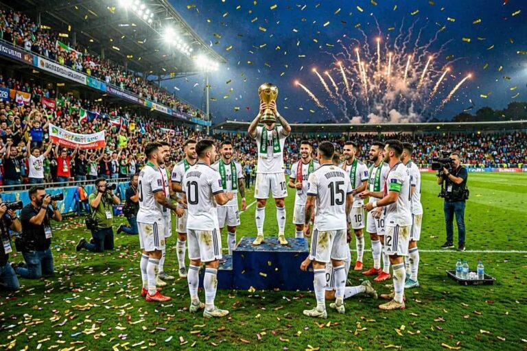 Soccer team celebrates a championship, with captain lifting the trophy on a podium while fans cheer and confetti falls.
